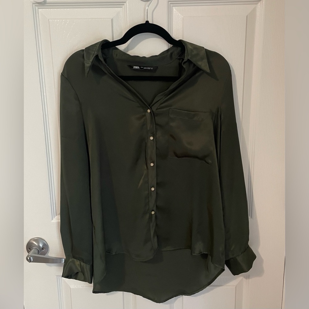 Zara Green Button Down Shirt Relaxed Notched Collar